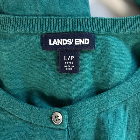 Lands’End dark green fine gauge cotton blend long sleeve button cardigan size LP - Picture 12 of 13